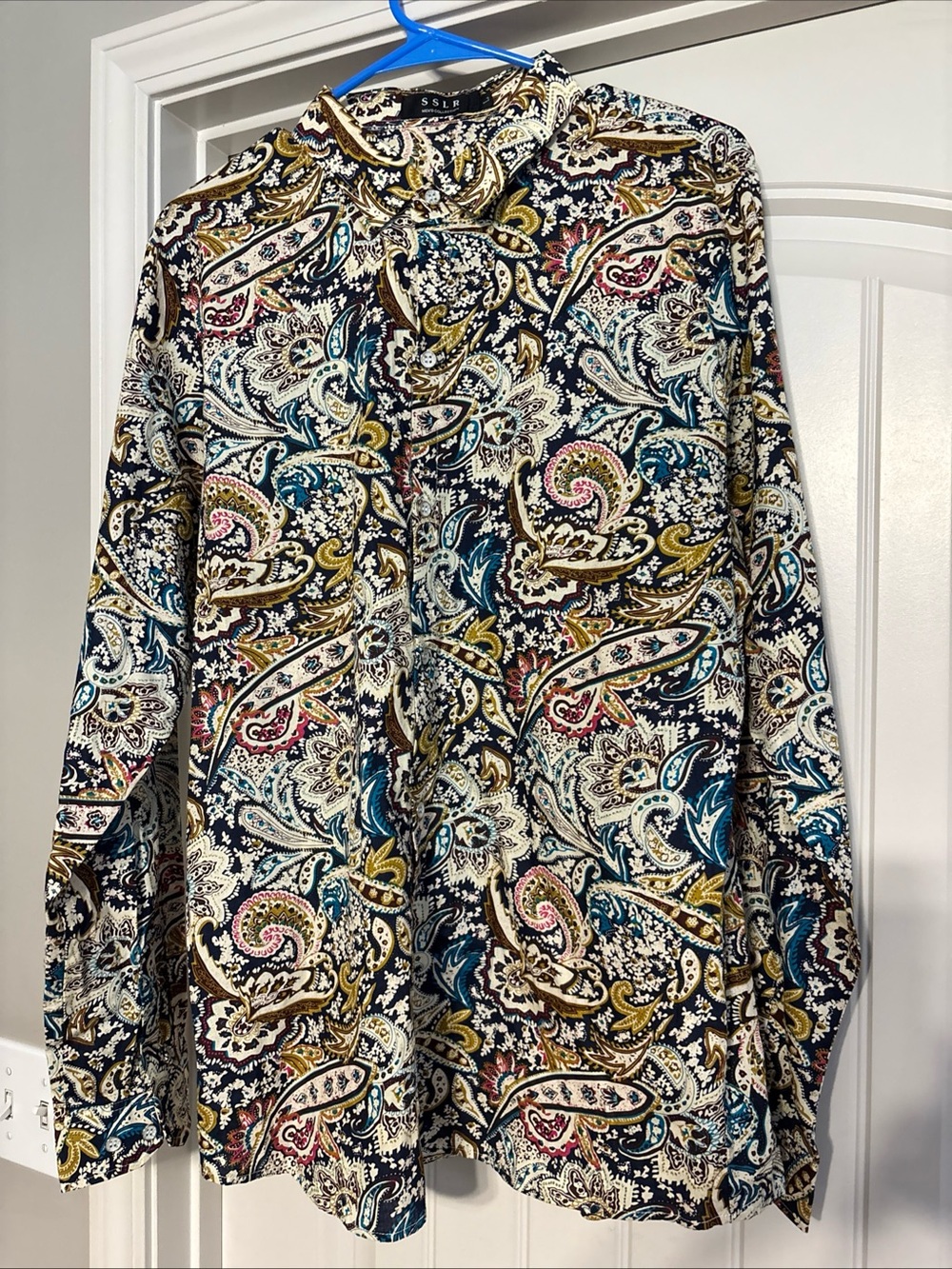 SSLR Mens Button Up Large Shirt Long Sleeve Paisley 100% Cotton Boho Festival
